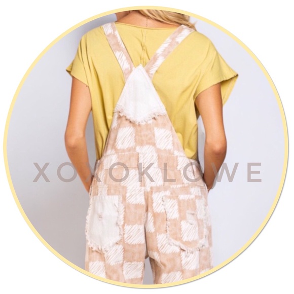 POL Beige & White Checkered Distressed Relaxed Fit Denim Overalls - Picture 13 of 16